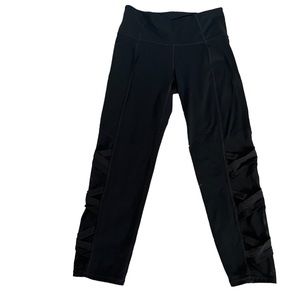 ATHLETA BLACK MESH BOTTOM CROPPED HIGH WAIST LEGGINGS NYLON SPANDEX SIDE M